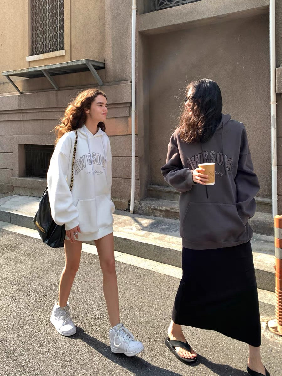 Zhou Miao ZHOUMIAO320G terry material embroidered letters hooded sweatshirt women's loose off-shoulder long-sleeved pullover top (T0926)