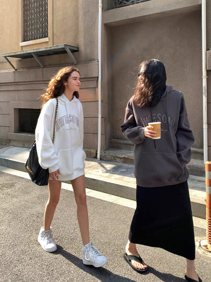 Zhou Miao ZHOUMIAO320G terry material embroidered letters hooded sweatshirt women's loose off-shoulder long-sleeved pullover top (T0926)