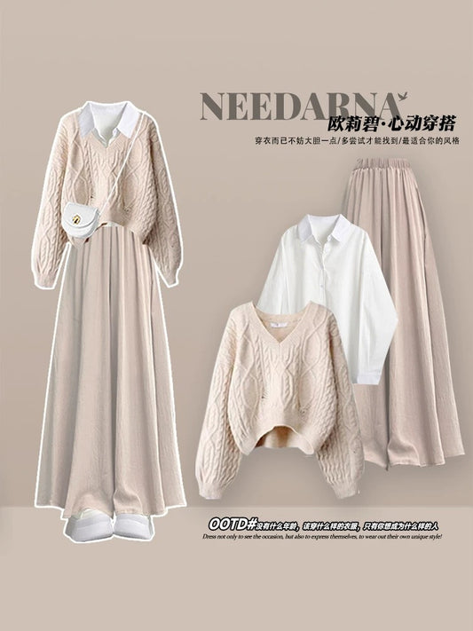 Early autumn Korean style atmosphere outfit a complete set of small academic style suit fishing style dating skirt temperament long skirt
