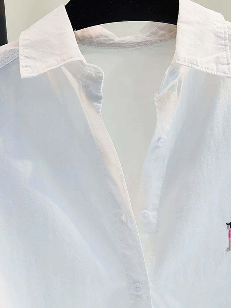 Basic white mid-length shirt female embroidered cotton shirt 2024 spring and summer fresh literary loose long-sleeved top cardigan