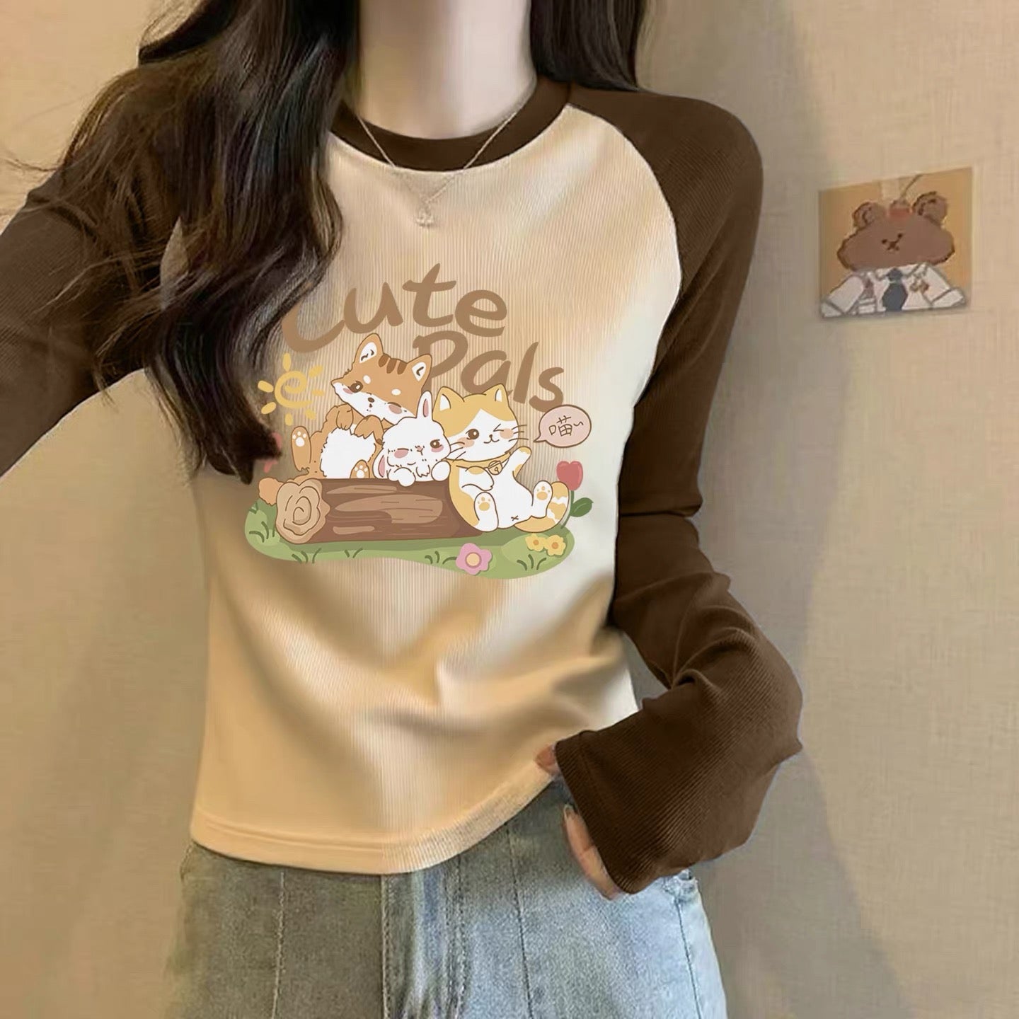 Contrast color pure cotton inner wear design sense splicing long-sleeved T-shirt female 2025 autumn and winter new European goods loose slim top M