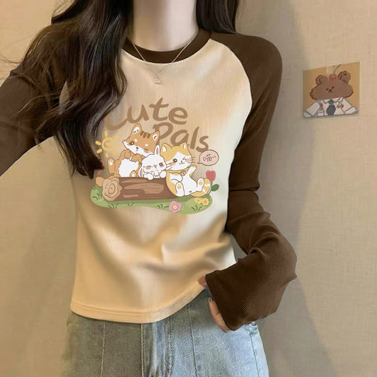 Contrast color pure cotton inner wear design sense splicing long-sleeved T-shirt female 2025 autumn and winter new European goods loose slim top M