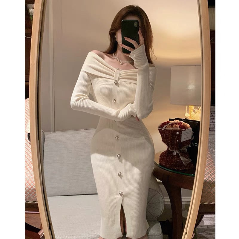 BETTER LS elegant one-shoulder knitted dress women's slim-fitting slit hip skirt autumn and winter bottoming skirt (S0870)