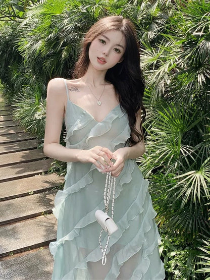 French V-neck ruffled temperament suspender dress 2023 new women's summer high-end chic and beautiful long skirt