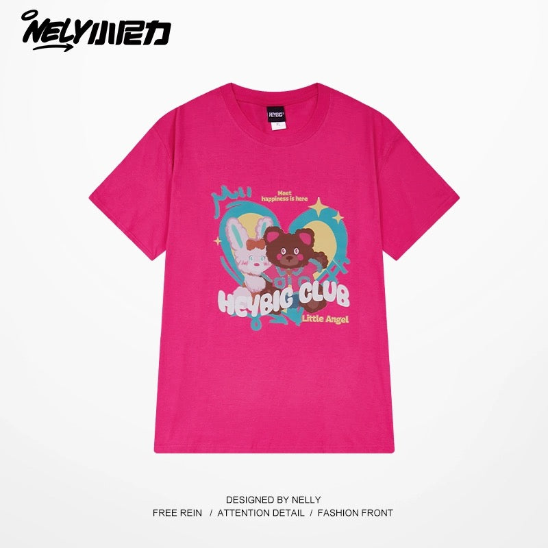 nely Little Nelly National Trend Street Love Bear Short Sleeve T-shirt Men and Women Loose Oversize Couple Tops