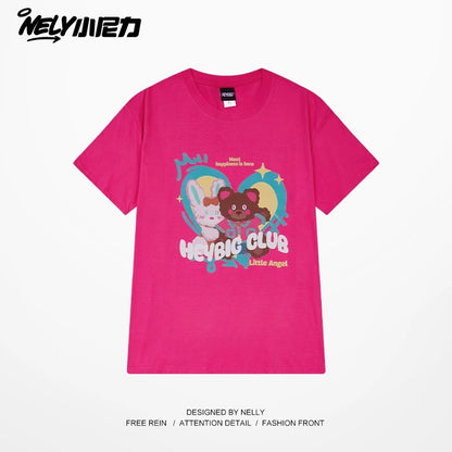 nely Little Nelly National Trend Street Love Bear Short Sleeve T-shirt Men and Women Loose Oversize Couple Tops