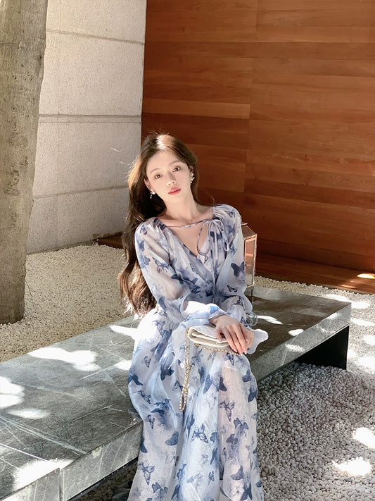 ByYou early spring new temperament tea break French v-neck Tencel blue floral dress waisted lotus leaf sleeve long skirt