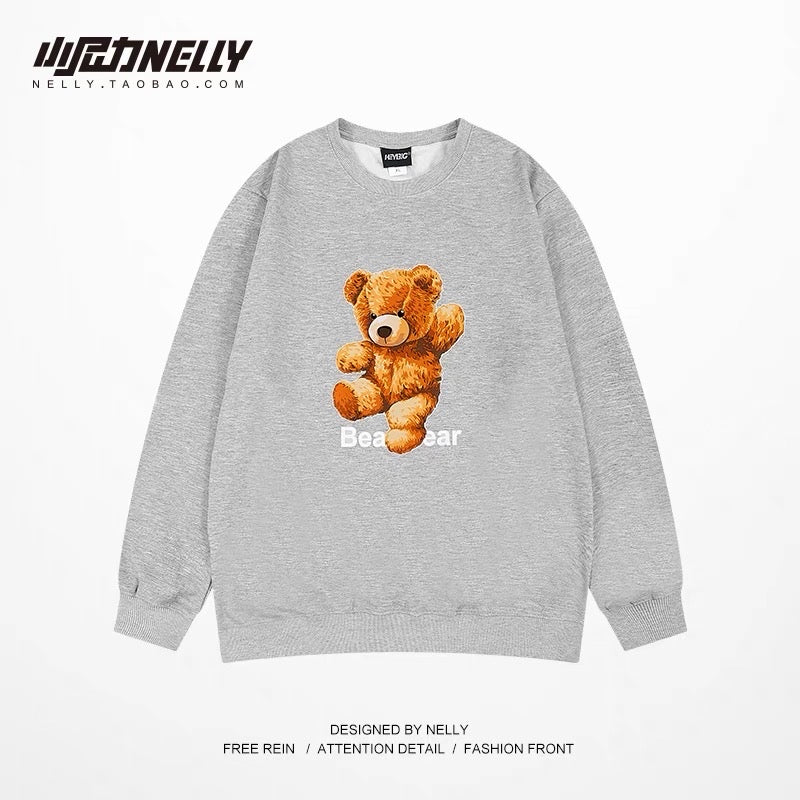 ins sweatshirt men's spring and autumn loose trendy brand ins bear print round neck men's autumn tops bf style