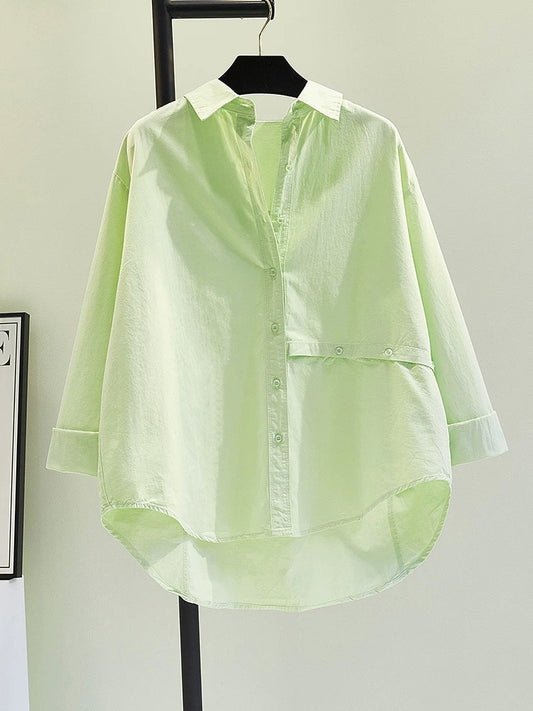 Lazy style light green cotton shirt women 2024 spring and summer new Korean version loose casual versatile slim shirt tops