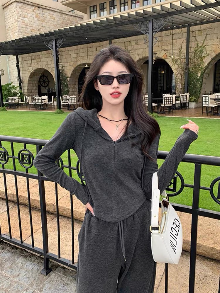 American fishbone hooded sweatshirt suit for women, spring and autumn 2023 new fashion casual wide-leg pants two-piece set with western style