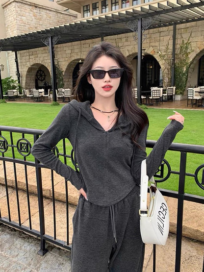 American fishbone hooded sweatshirt suit for women, spring and autumn 2023 new fashion casual wide-leg pants two-piece set with western style