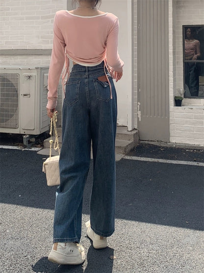 Hong Kong style retro distressed jeans for women in spring, loose and drapey straight wide-leg pants, high-waisted, slim floor-length pants