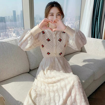 European Station Autumn and Winter New Internet Celebrity Knitted Dress Embroidered Hollow Age Reduction French Retro Bottoming Long Skirt