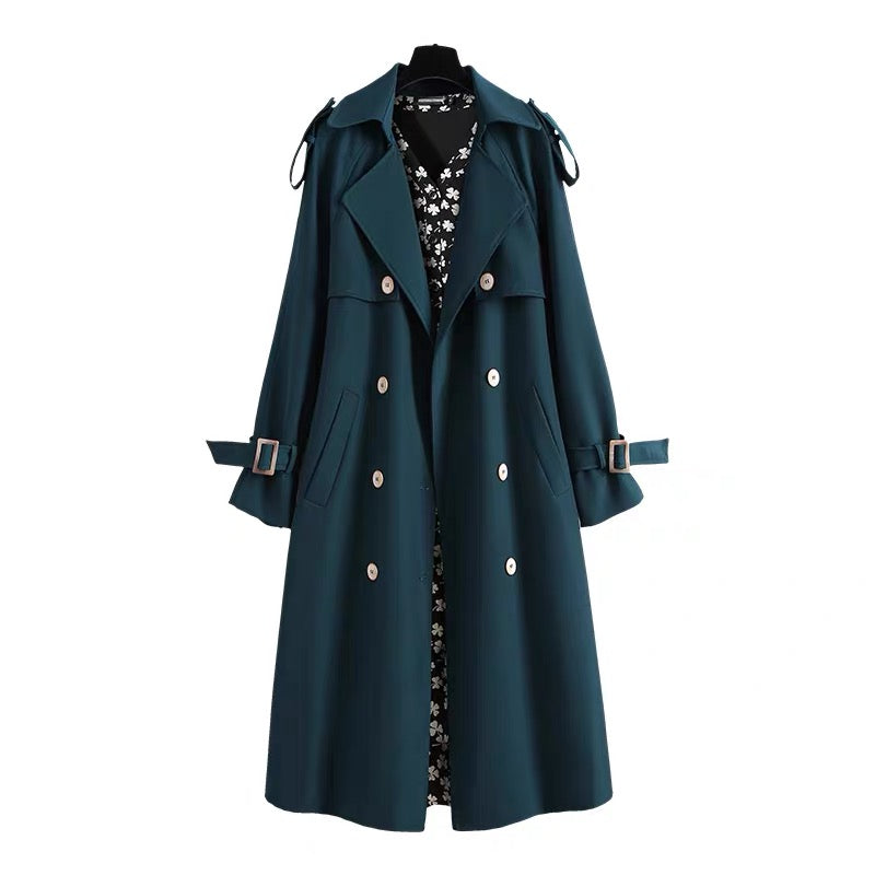 High-end peacock green windbreaker jacket for women 2023 spring and autumn temperament dress and coat British style two-piece set (S0341)