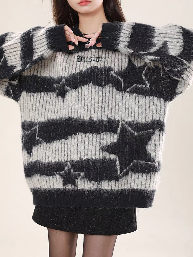 Big sim small sim contrasting striped sweater autumn and winter women's lazy style high-end American retro loose pullover top V1163