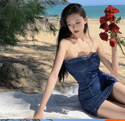 Summer new denim tube top dress 2023 new women's summer wrapping chest wrap hip skirt waist sweet and spicy skirt