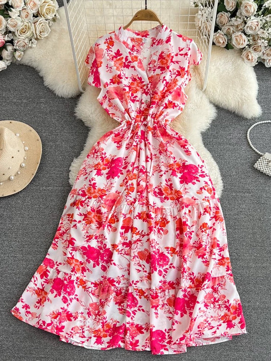 High-grade light luxury temperament flying sleeves V-neck waist slimming A-line ruffled print dress elegant long skirt