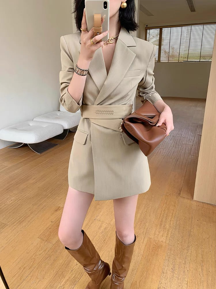 WANGXO khaki high-end suit dress women's autumn 2023 new waist slimming short skirt