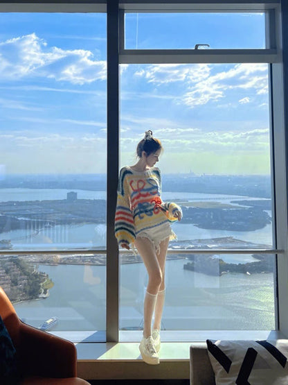 HyunA style hollow rainbow striped round neck sweater for women autumn and winter 2023 new loose lazy style soft waxy sweater V1147