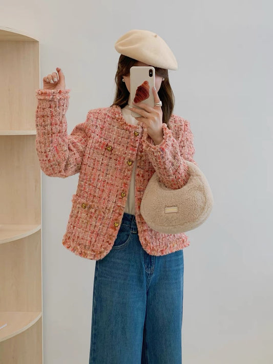 Pink small fragrant woolen coat for women, new autumn and winter style, this year's popular high-end lady wool tweed top
