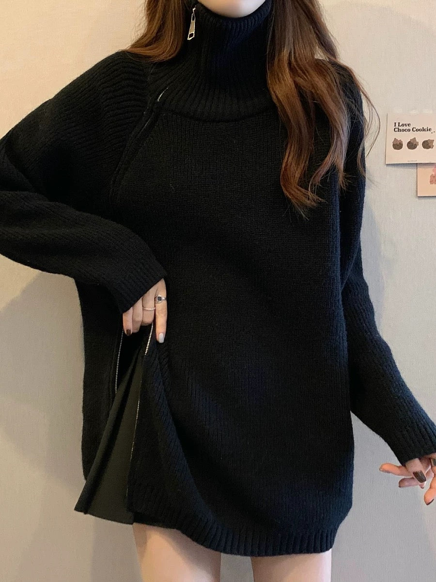 Plus size women's fat women's lazy style loose side zipper turtleneck sweater top women's autumn mid-length long-sleeved sweater