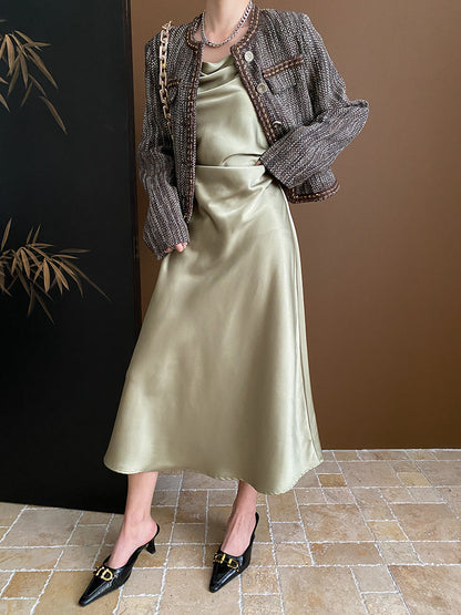 Sinan French light luxury high-end satin waist slimming suspender dress 2024 early spring new SN4097