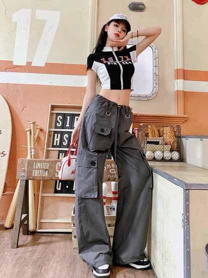 [Earth Store] Black and white stitching American letter print small stand collar slimming short-sleeved T-shirt tops for women summer (S0867)