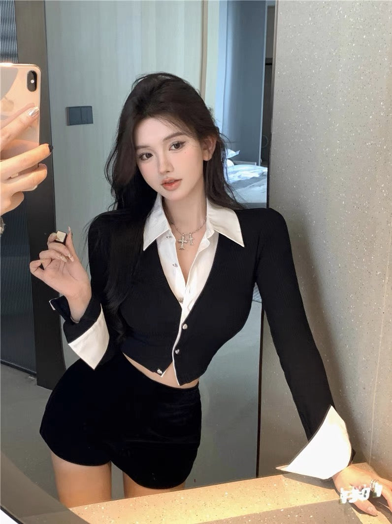 Fake two-piece shirt for women with niche design in early spring, pure lust for sweet hot girls, sexy short top, unique and unique shirt