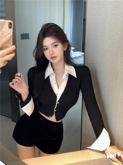 Fake two-piece shirt for women with niche design in early spring, pure lust for sweet hot girls, sexy short top, unique and unique shirt