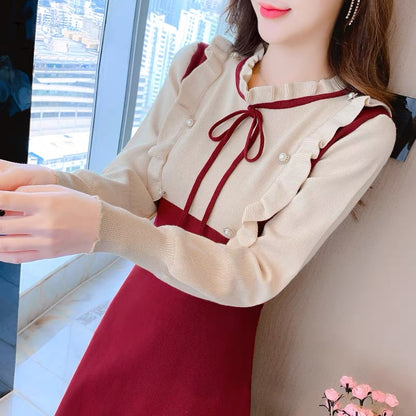 New Year Red Sweater Dress Women's Spring Clothing 2023 New Autumn and Winter Fashion High-End Age-Reducing Knitted Bottoming Skirt