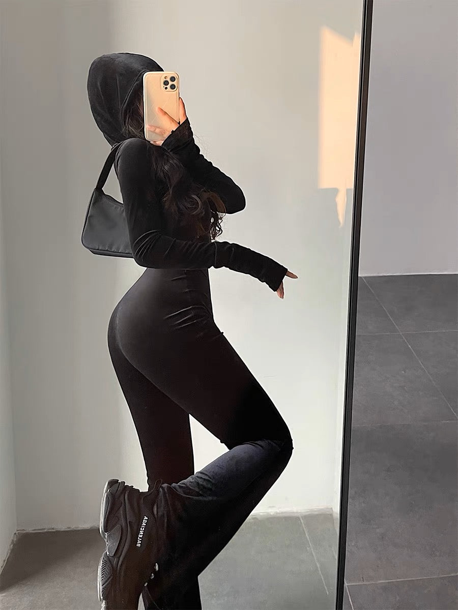 YoungGirlDay European and American style fashionable black velvet slim slim hooded zipper long-sleeved boot-cut jumpsuit (B1814)