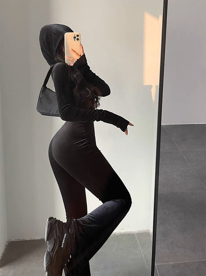 YoungGirlDay European and American style fashionable black velvet slim slim hooded zipper long-sleeved boot-cut jumpsuit (B1814)