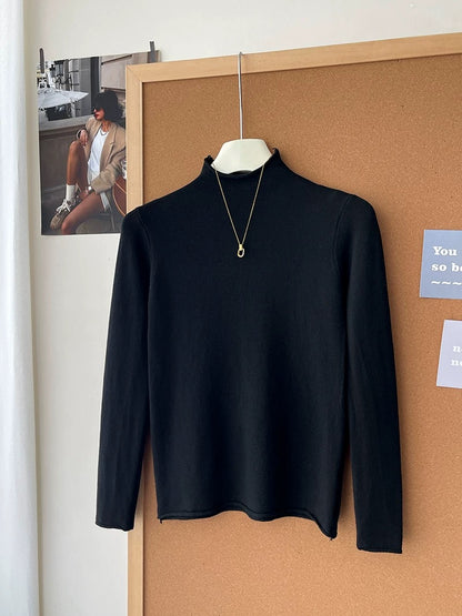 Retro soft and sticky cashmere rolled-edge turtleneck knit sweater for women, autumn and winter, gentle and versatile layering base layer top.