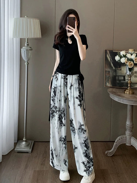 Short-sleeved sports casual suit for women, summer fashion, age-reducing internet celebrity, street style, chiffon wide-leg pants, two-piece set, western style