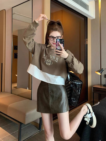 This year's popular Maillard wear fake two-piece short round neck sweatshirt for women in spring and autumn, high-end and super good-looking trendy tops (B6912)