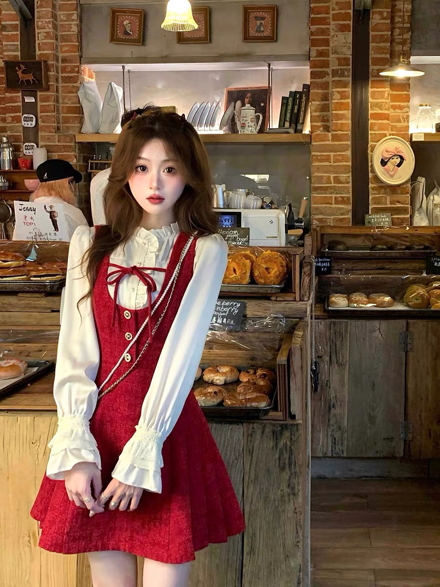 Q Girl's Black Tea Rum/Red Brushed Small Fragrance Style Suspender Dress Autumn and Winter French Retro Short Skirt