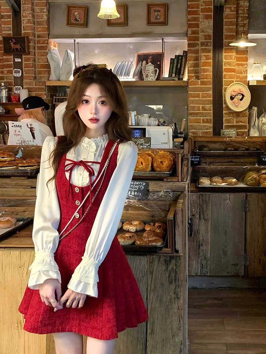 Q Girl's Black Tea Rum/Red Brushed Small Fragrance Style Suspender Dress Autumn and Winter French Retro Short Skirt