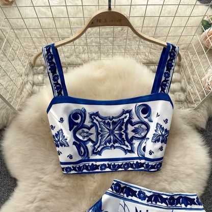 European and American style blue and white porcelain print suit for women in summer pure waist-revealing camisole vest + high waist mid-length skirt