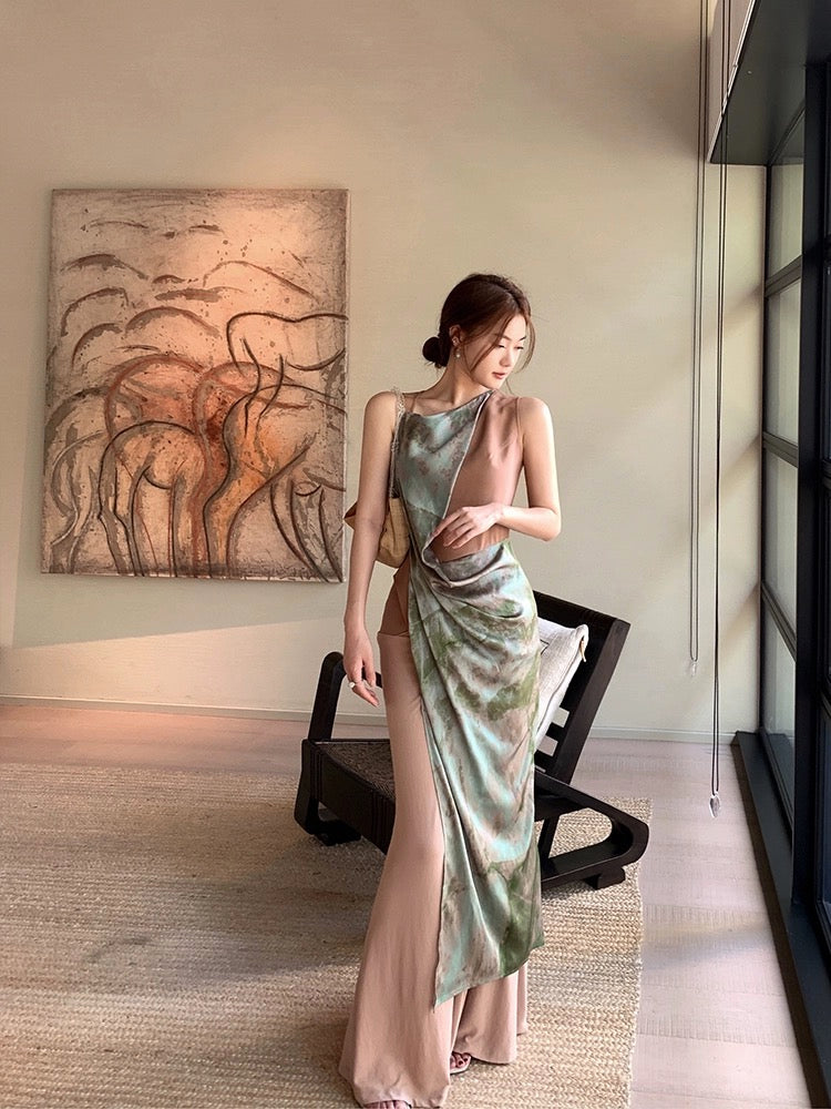Purple floral dress women's spring new French style waist slimming v-neck puff sleeve long skirt