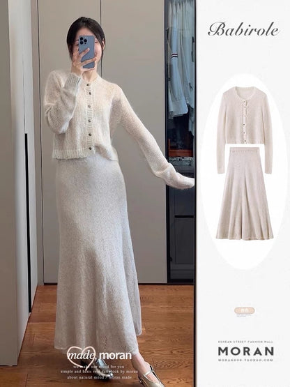 Elegant and fashionable mohair knitted cardigan skirt suit royal sister temperament salty gentle two-piece autumn and winter