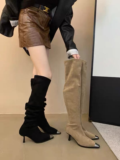 Pointed high heels piled long knight boots for women 2023 retro slim boots slim metal toe over-the-knee boots hot girl boots