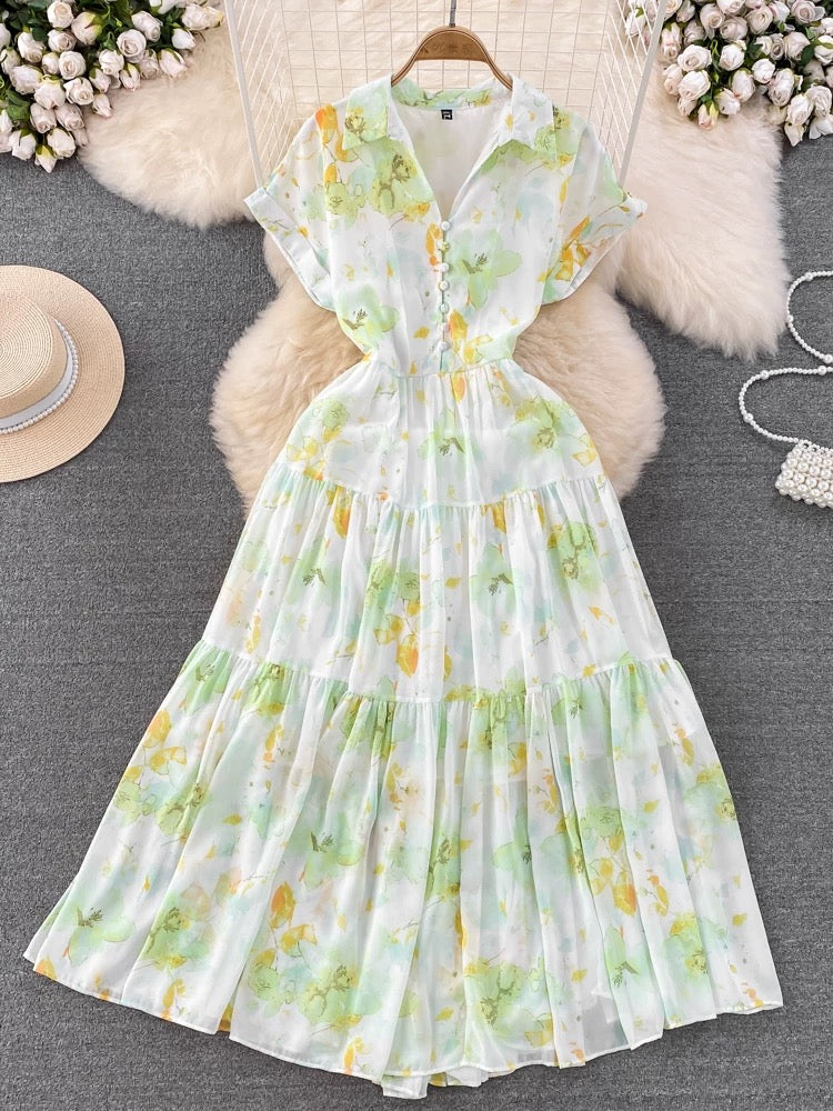 Gentle style floral long skirt French retro temperament short sleeve lapel waist slim a-line floral dress summer