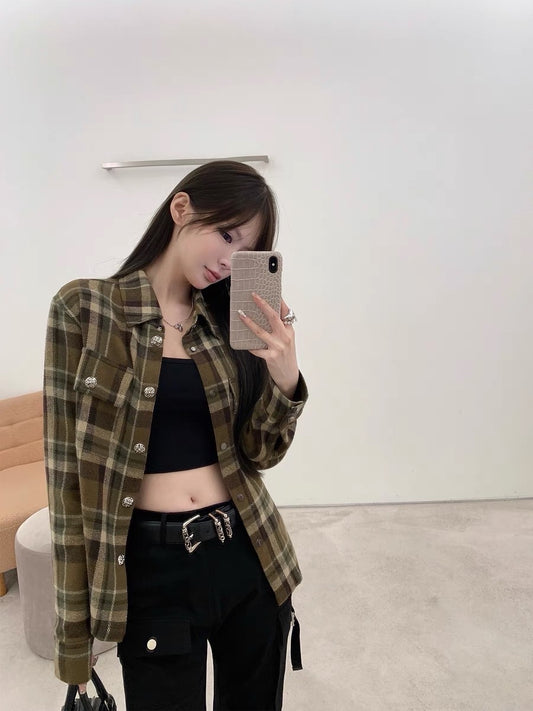 CHICYOU [semi-permanent si suit, super good restoration] c.h woolen long-sleeved slim loose plaid shirt for women