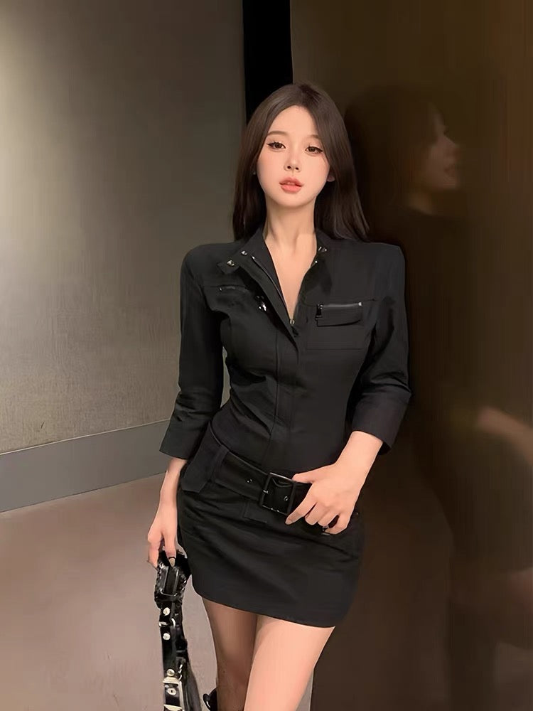 MOXI sweet cool hot girl black mid-sleeved summer tooling dress female American retro design sense slim skirt