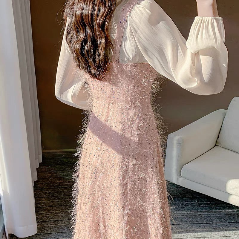 New autumn clothing, sweet temperament, first love style fairy skirt, light luxury mini dress, two-piece sequin tassel dress for women