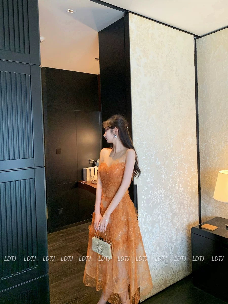 LDTJ Haute Couture 23 Autumn and Winter New Heavy Industry Crochet Lace See-through Mesh Dress Slim Beading Tube Top Dress for Women