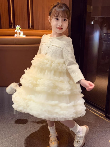 Girls Dresses Winter Wear 2023 New Style Children's Plush Cake Skirt Girls Small Fragrance Mesh Princess Dress