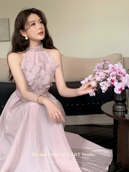 LELART Temperament dress 2024 new style women's summer design elegant flower halter neck high waist A-line long skirt