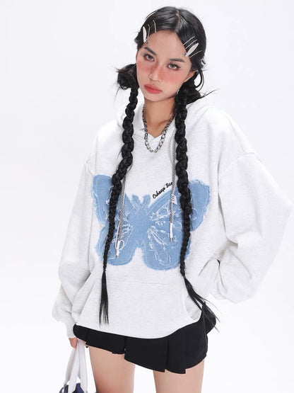 ENJOG American retro denim patch butterfly hooded sweatshirt women's trendy brand street spring and autumn new versatile top