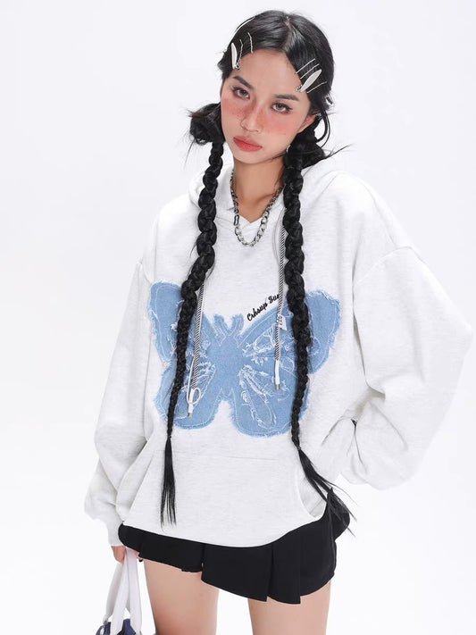 ENJOG American retro denim patch butterfly hooded sweatshirt women's trendy brand street spring and autumn new versatile top